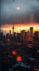 Fototapeta premium Experience the beauty of a blurry city skyline under rain clouds and a golden sunset