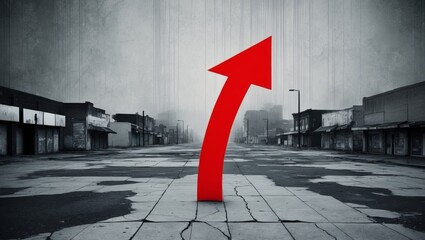 A somber scene of an economic recession with a red arrow symbolizing decline.
