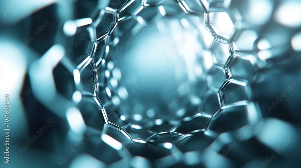 Poster an imaginative view down a tunnel-like formation of nanotubes, capturing the intricacies of futurist