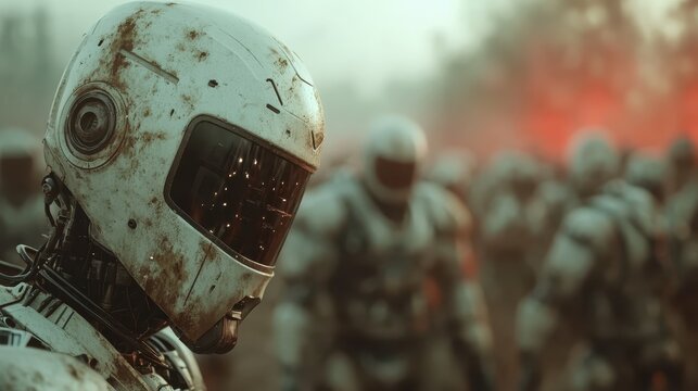 A detailed close-up of a robotic soldier in a weathered exoskeleton, positioned as part of a larger metallic battalion under a luminous sky, representing sci-fi resilience.