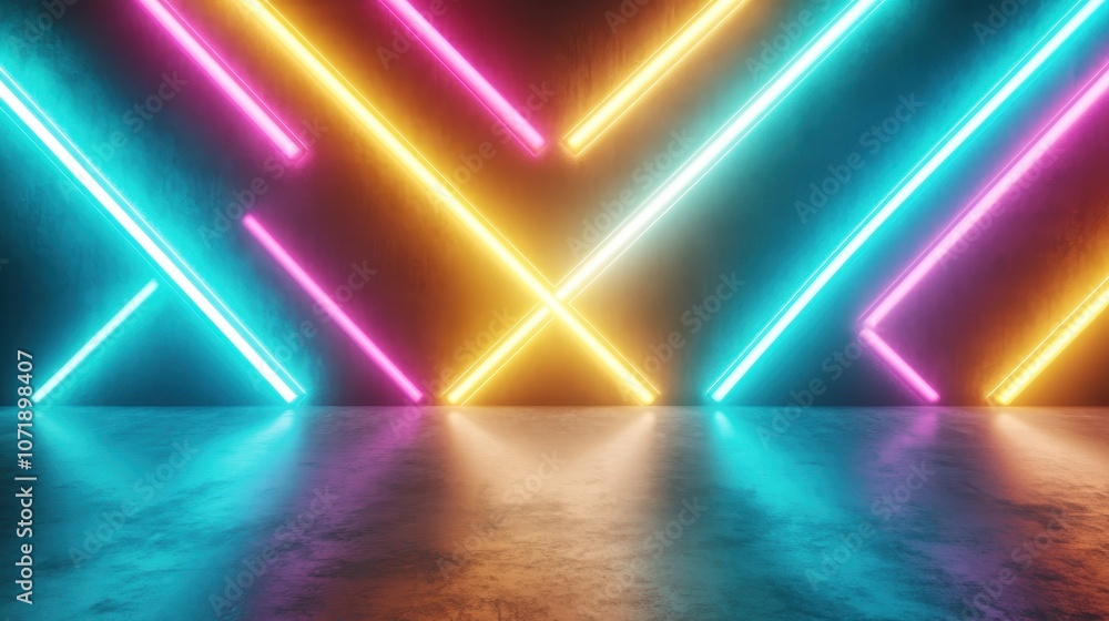 Poster an energetic and vibrant display of neon lights in an array of bold geometric patterns, exuding a se