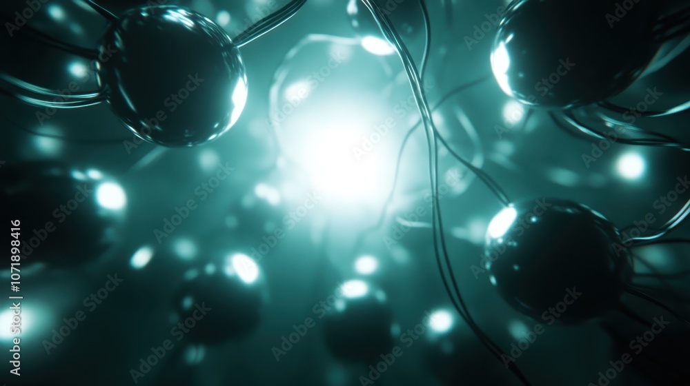 Poster abstract image of illuminated spheres connected by thin wires, creating a sense of mystery and intri