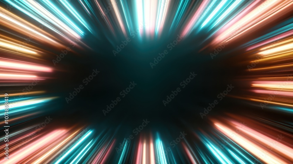 Poster a dynamic image depicting colorful neon lights bursting into a dark abstract space, symbolizing ener
