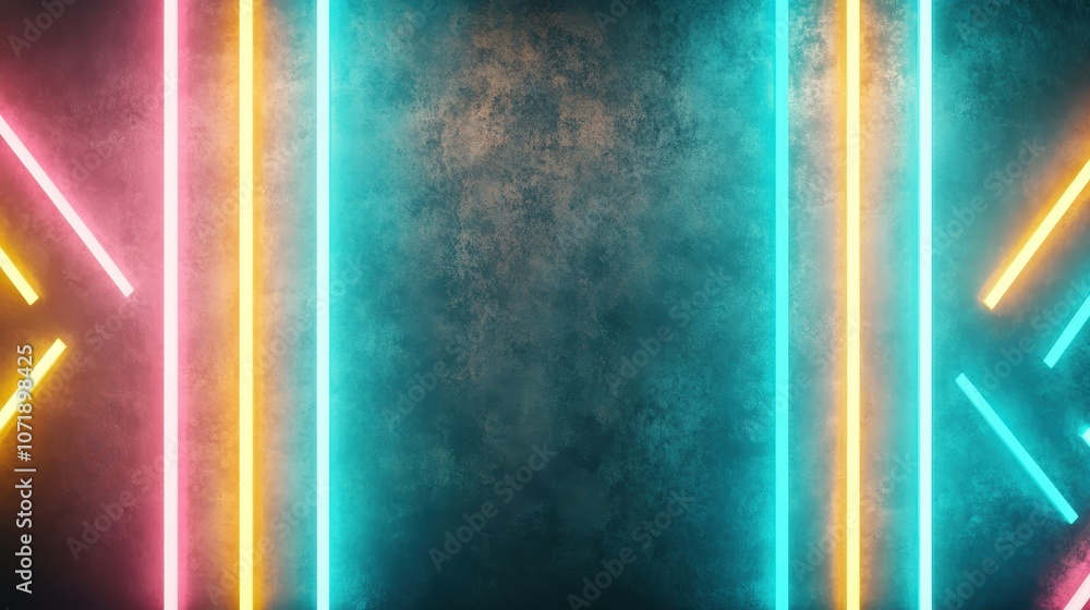 Poster a striking composition showcasing vertical neon light columns in a gritty industrial urban setting, 