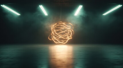 A dynamic scene featuring a glowing, fiery sphere displayed prominently in an atmospheric space filled with billowing smoke and ambient lighting.