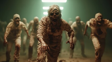 A horde of determined zombies, clad in tattered clothing, relentlessly advancing in an ominous, dimly lit environment, creating a sense of foreboding horror scene.