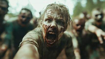 A close-up shot of a terrifying zombie lunging towards the viewer with a fierce, menacing expression, surrounded by an unsettling and chaotic atmosphere.