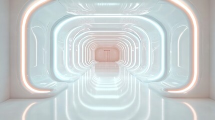 The bright corridor uses a dual-tone lighting concept across its sleek white surfaces, embodying a modern futuristic design with endless corridors and space.