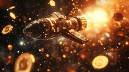 A vibrant spaceship traverses a cosmic landscape filled with glowing currency symbols and asteroids in a distant galaxy