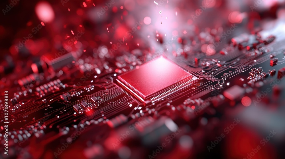 Poster a macro shot of a microchip, displaying intricate circuits and components with red digital data spar