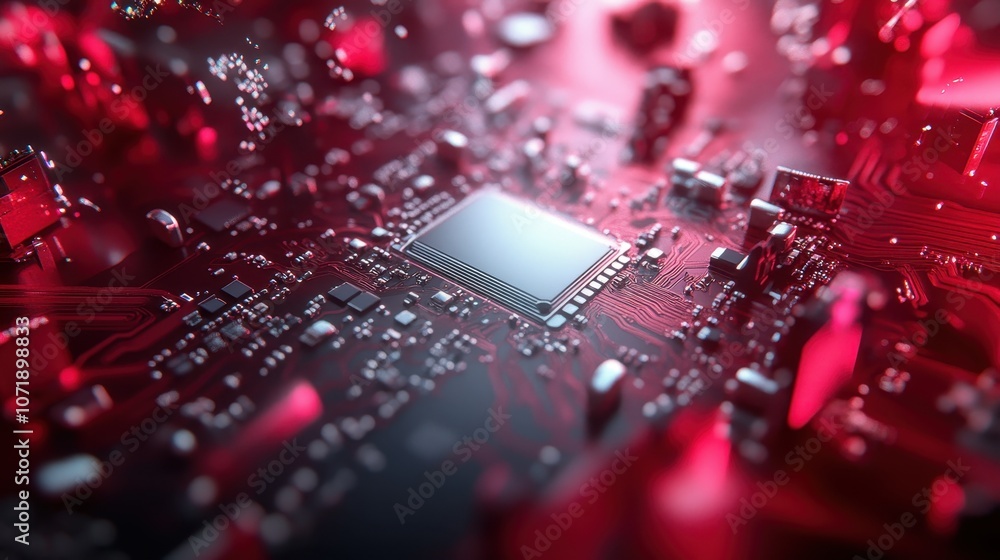 Poster a close look at a microchip surface revealing an abstract landscape of red light and intricate circu