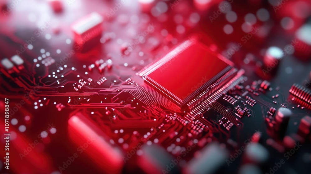 Poster a close-up of a red circuit board highlighting a central processing unit, showcasing intricate elect