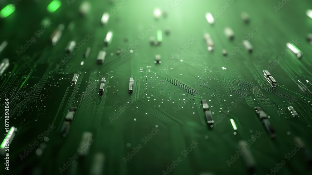 Poster a focused view on a green circuit board with various micro components, emphasizing the complexity an