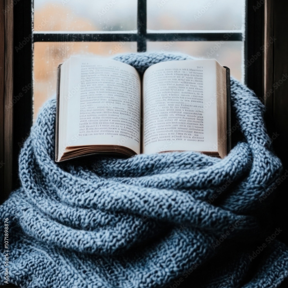 Poster cozy reading by the window with a wrapped