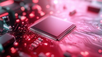 A central microchip is featured on a glowing red circuit board, embodying futuristic technology and the aesthetics of modern digital circuitry and innovation.