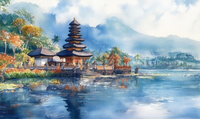 Obraz premium Watercolor Bali holiday tourism, Ulun Danu Bratan Water Temple Bali, Bali, Indonesia