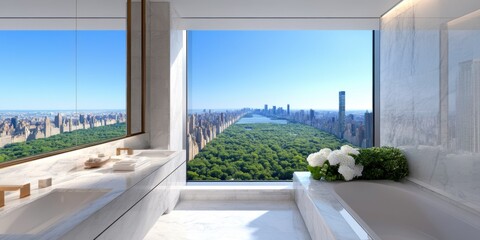 Fototapeta premium A luxurious bathroom featuring large windows with a stunning view of a green park and city skyline.