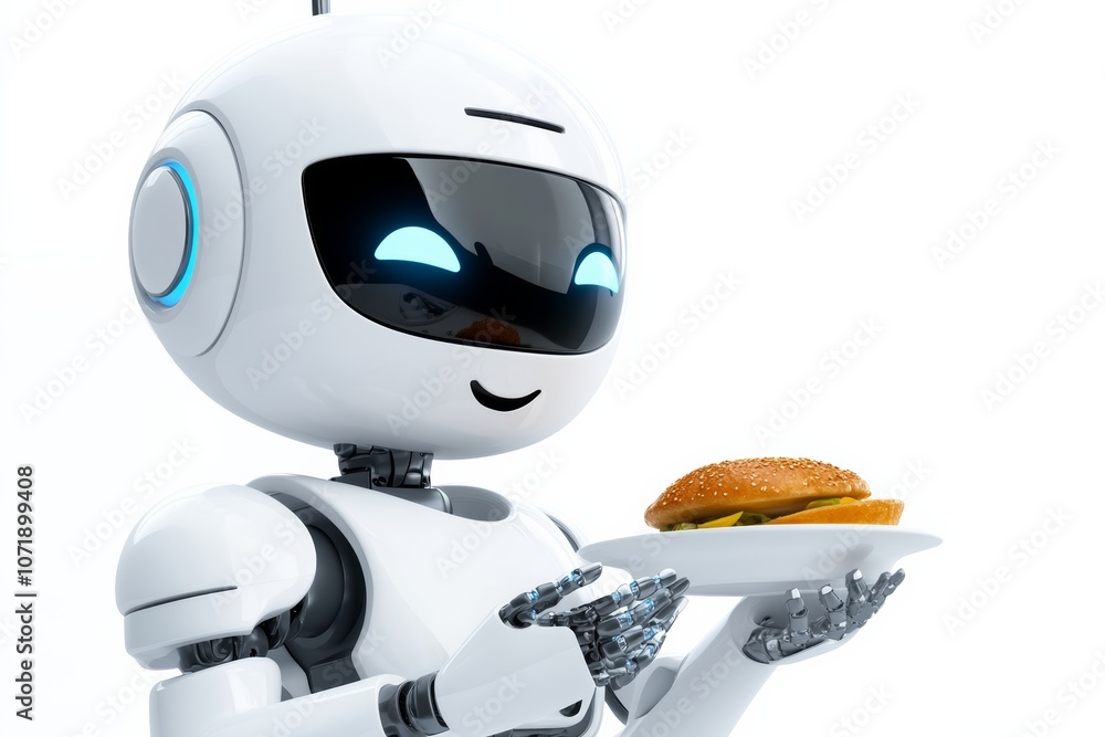Poster robot is holding a sandwich in its hand. the robot has a happy expression on its face