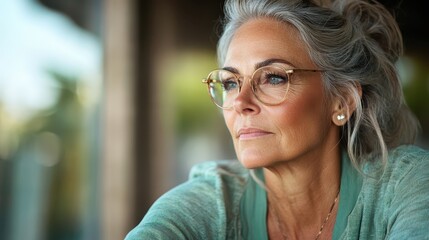 Fototapeta premium A mature woman wearing glasses looks contemplatively out of a window, evoking themes of wisdom, reflection, and the passage of time in a softly lit room.