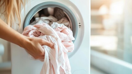 This practical image portrays a hand placing clothing into a washing machine, capturing the essence of household chores and the simplicity of everyday domestic tasks.