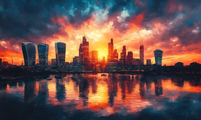 Fototapeta premium Watercolor Aerial sunset view of the skyline of London with skyscrapers at Canary Wharf and the City in the background, England Photo Formats