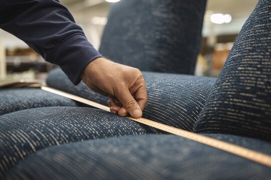 Close-up shot of hands measuring upholstery fabric on a sofa with a wooden ruler. The textured blue fabric shows detailed craftsmanship in furniture manufacturing.