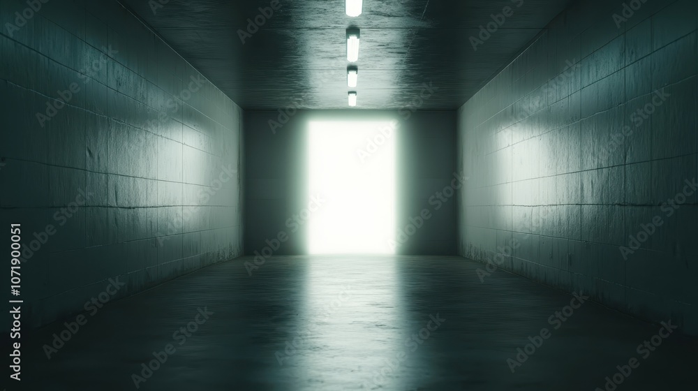 Aufkleber a dimly lit concrete tunnel leads to an intensely bright exit, with overhead fluorescent lights crea