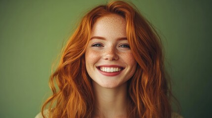 Fototapeta premium Close up view of attractive happy Caucasian woman with ginger hair and freckles wearing stylish clothes looking and smiling at the camera posing against white studio wall. Youth and happiness concept