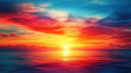 Fototapeta premium A breathtaking sunset over the calm ocean, featuring vibrant hues of red, orange, and blue.