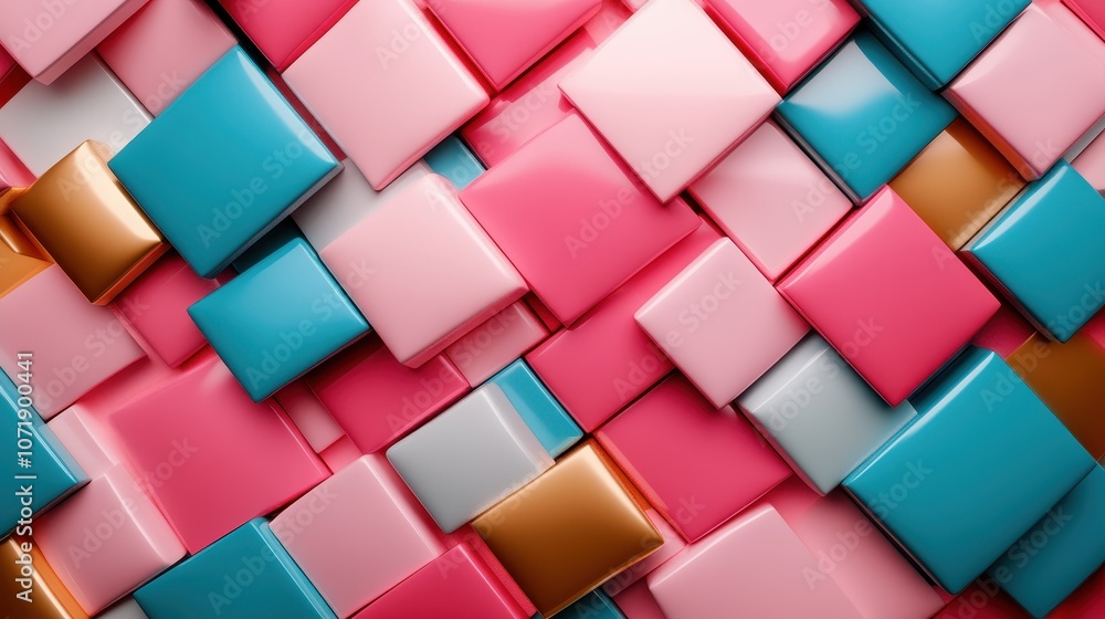 Poster a vibrant composition of colorful, glossy squares creating a dynamic geometric pattern, showcasing a
