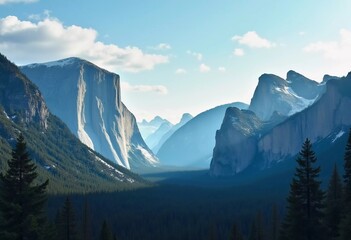 Obraz premium A peaceful view unfolds with towering spruce trees framing majestic mountains bathed in soft morning light. Lush green forest descends into a misty valley, creating a serene atmosphere. Generative AI.
