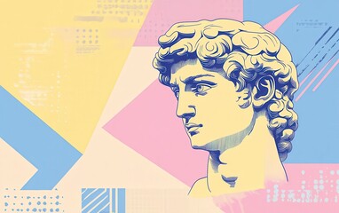 Fototapeta premium Pop art-inspired vector illustration of a Greek sculpture of the David head, placed on a pastel-colored background