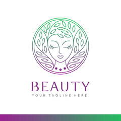 beauty logo with woman inside leaf circle style, feel to nature organic for cosmetic products, beauty salon, spa, beauty center, hair salons, etc.