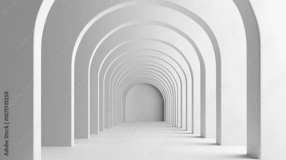 Poster a serene corridor with multiple white arches, creating a sense of depth and tranquility.