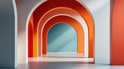 Fototapeta premium Vibrant interior featuring sleek arches in orange and turquoise hues, creating a modern aesthetic.
