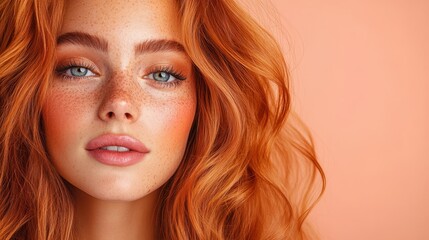 Naklejka premium Close-up of a woman with vibrant ginger hair and freckled skin. Her bright eyes and subtle, confident expression exude natural beauty and gracefulness.