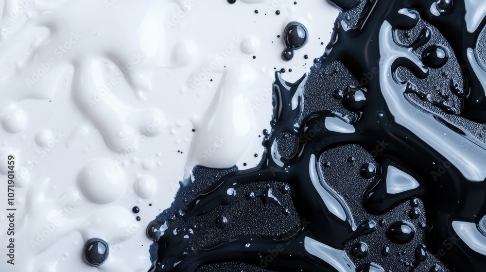 Poster an abstract composition showcasing contrasting black and white paint, with swirling liquid textures 