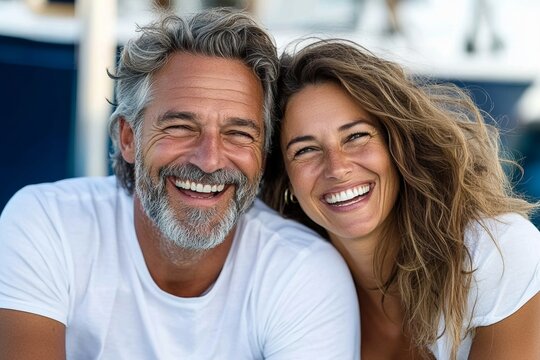 Man and woman are smiling and posing for a picture. The man has a beard and gray hair, while the woman has long brown hair. They are both wearing white shirts. Scene is happy and lighthearted - Powered by Adobe
