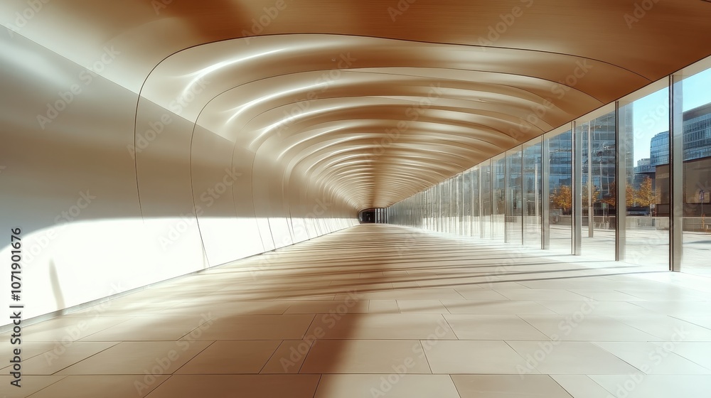 Poster a beautifully designed modern corridor features a curved ceiling and large windows that bring in amp