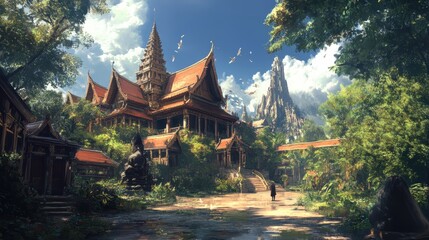 Naklejka premium A beautiful ancient temple in Thailand with traditional architecture, a pagoda tower, and a rich cultural history, set against the sky in Bangkok