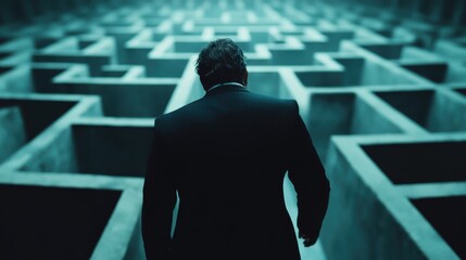 A suited man, seen from behind, navigates a dark maze with determination, personifying problem-solving, complexity, and the quest for success in a metaphorical sense.