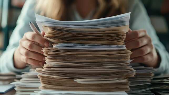 Hands busily sort through an enormous pile of documents, reflecting a scene of thoroughness and diligence in managing extensive paperwork in an office environment.