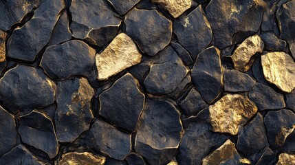 Fototapeta premium Close-up of a rugged stone wall with shiny golden accents highlighting the texture and depth.