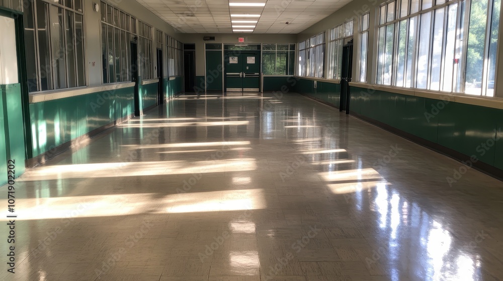 Poster an empty hallway with large windows creating beautiful light and shadow patterns on the floor, evoki