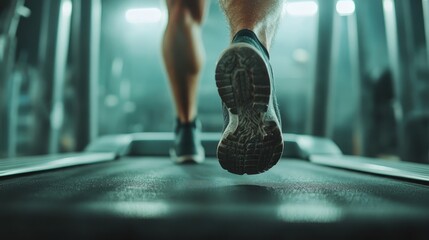 Obraz premium A focused close-up image capturing the feet of a person running on a treadmill in a gym, highlighting the dynamic motion, energy, and activity of fitness enthusiasts.