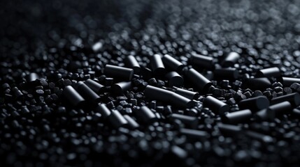Obraz premium Macro Image of Black Surface with 3D Tiny Plastic Cylindrical Grains for Polymer Production in Plastic Industry.