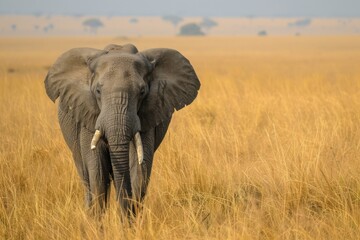 Fototapeta premium A large elephant is standing in a field of tall grass