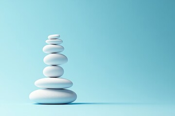 Zen White Pebble Stack on Light Blue Background with Copy Space for Text