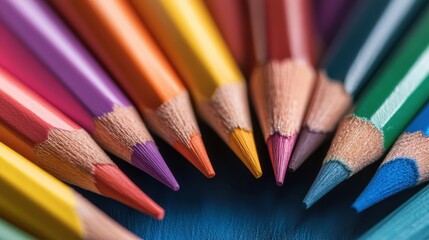 Close-up view of vibrant colored pencils aligned in a circle. Showcasing a spectrum of colors, this image highlights artistic tools and creative inspiration.