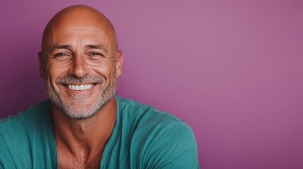Obraz premium A bald man with a gray beard smiles warmly while wearing a teal shirt against a vivid purple background, showcasing joy, confidence, and authenticity.